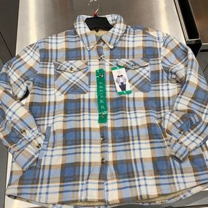 Teddy Plaid Shacket in Light Blue, White & Brown - XL